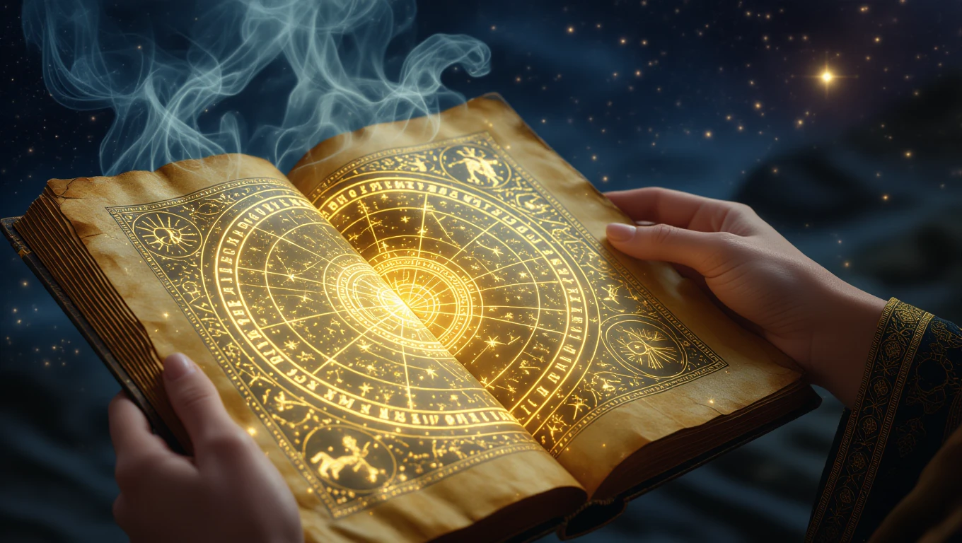 Kinyitott asztrológiai könyv, csillagjegyekkel és aranyszínű mintákkal.