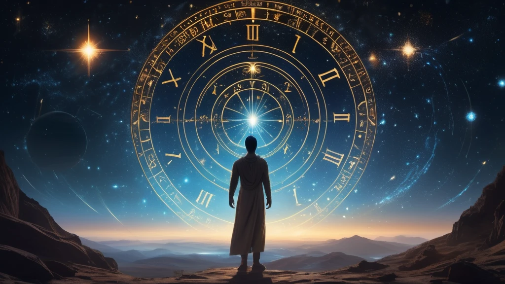 Egy asztrológiai kör, csillagjegyek szimbólumaival és egy figura a háttérben.