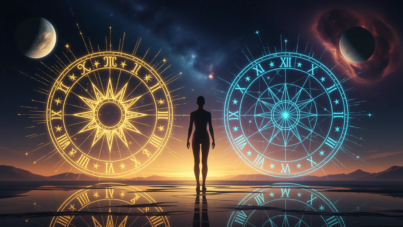 Egy női figura áll két csillagjegy kör közepén, háttérben csillagos égbolttal.