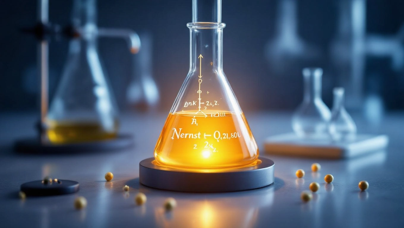 Egy kémcsőben világító sárga folyadék, kémiai képletekkel a felületen.