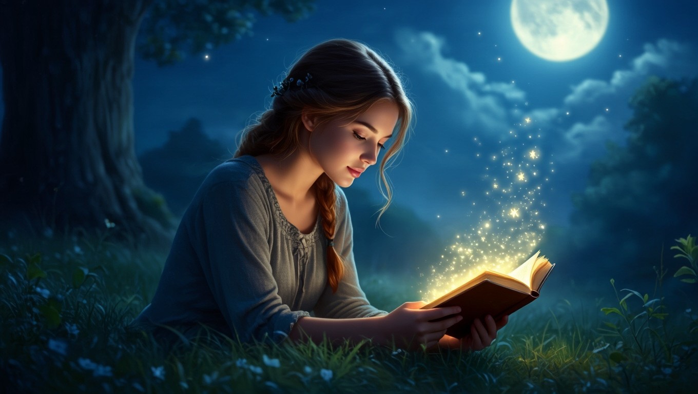 Egy fiatal lány varázslatos könyvet olvas a holdfényben, csillagokkal körülvéve.