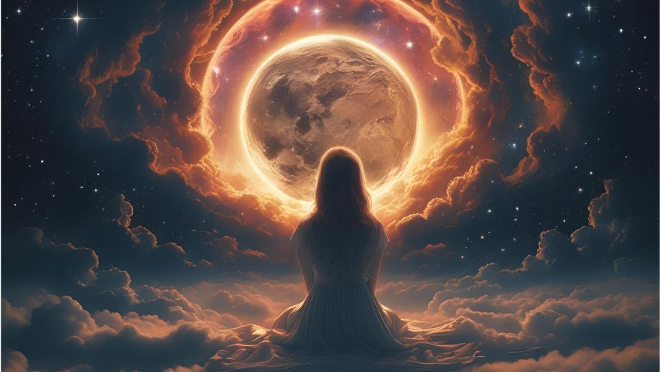 Egy nő ül a felhők között, a hold fényével megvilágítva, álmodozva.