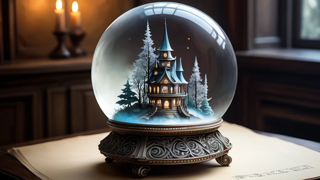 Egy hógömb, benne egy varázslatos, kivilágított ház és fák.
