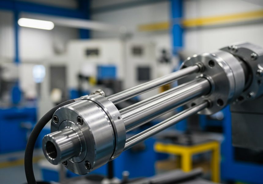 Hidropneumatikus munkahenger részlete, ipari környezetben.