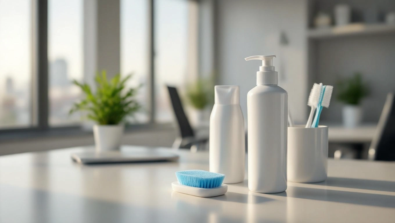 Modern irodai asztalon higiéniai termékek, mint szappan és fogkefék.