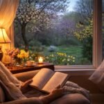 Hűvös tavaszi este, ablak mellett olvasó személy, könyv és mécses fényével.