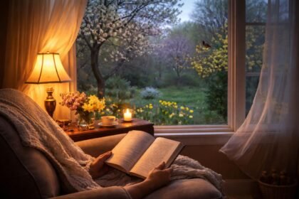 Hűvös tavaszi este, ablak mellett olvasó személy, könyv és mécses fényével.