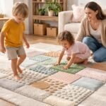 Gyerekek a Muffik szőnyegen játszanak, tapintással fejlesztve egyensúlyt és érzékelést.