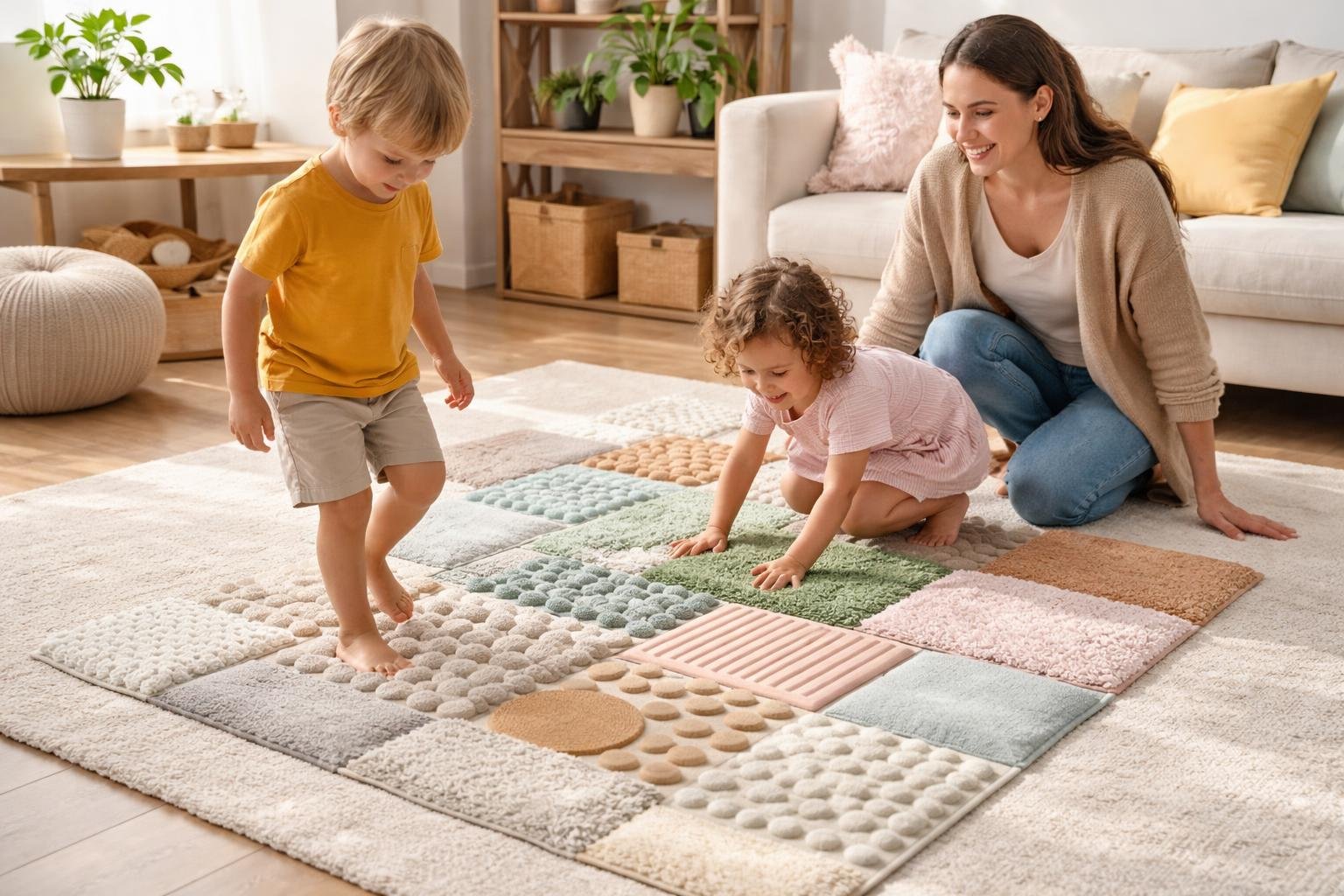 Gyerekek a Muffik szőnyegen játszanak, tapintással fejlesztve egyensúlyt és érzékelést.