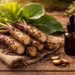 Friss bojtorjángyökér a földön termesztve, mellettük üvegben préselt olaj és darált gyökér