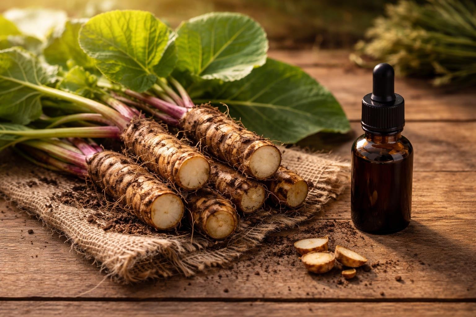 Friss bojtorjángyökér a földön termesztve, mellettük üvegben préselt olaj és darált gyökér